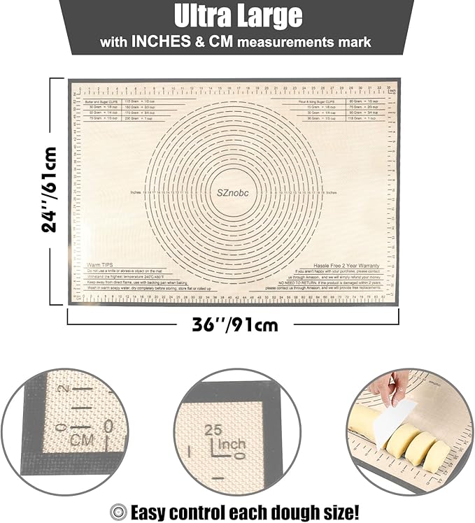 Silicone Pastry Mat 36x24 Inch Nonstick Baking Mat Perfect for Dough Mat, Pastry Board, Kitchen Counter Mat - For Dough, Pastry, Pie Crust, Fondant, Cookies, Bread, Pasta/Pizza, Grey