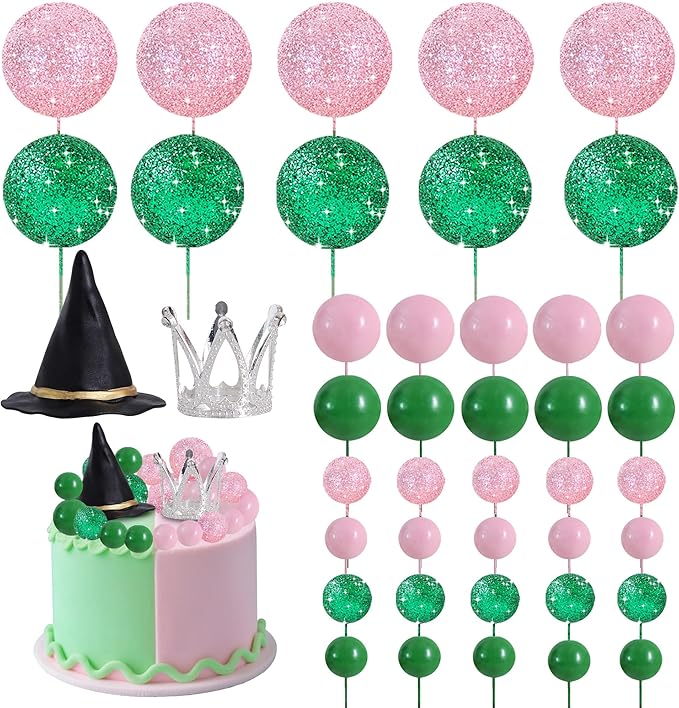 BEISHIDA 42 pcs Foam Ball Cake Toppers with Witch Hat and Crown Decorations Cake Decorations for Witch Theme Party Decor Pink and Green Decorations Supplies