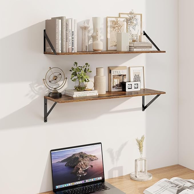 Heimlove Deep Floating Shelves for Wall, 30W x 8D Wood Wall Shelves Set of 2, Wide Floating Bookshelf for Living Room, Kitchen, Office, Bedroom and Decor Storage, with Metal Bracket - Rustic Brown