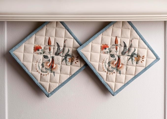 Maison d' Hermine Pot Holders Set 100% Cotton Heat Resistant Potholders 8" x 8" Hot Pads with Loop BBQ, Cooking, Baking, Grilling, Kitchen, Handling Hot Pans (Pack of 2, Dalida)