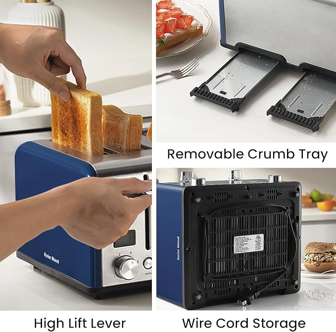 Countdown Stainless Steel 4 Slice Toaster with Bagel, Defrost, Cancel Function, Dual Toaster, Extra Wide Slots, 6 Shade Settings, Removable Crumb Trays, 1650W, Blue