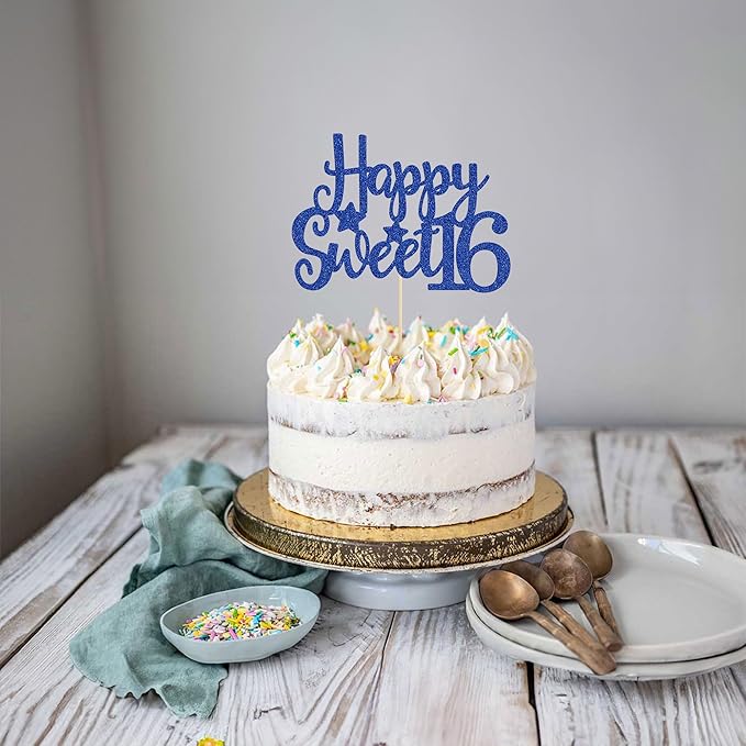 Gyufise 1Pc Happy Sweet 16 Cake Topper Blue Glitter Sweet 16 Birthday Cake Decoration Happy 16th Birthday Decorations for Girls Boys Party Supplies