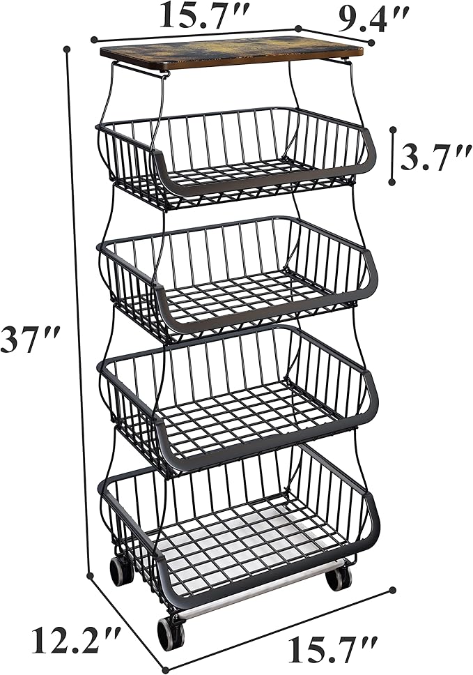 Fruit Basket Kitchen Pantry Organizers and Storage - Wooden Top Table, Stackable Metal Wire Basket Stand Cart for Fruit Vegetable Snacks Jars Bins Containers Organization, Black