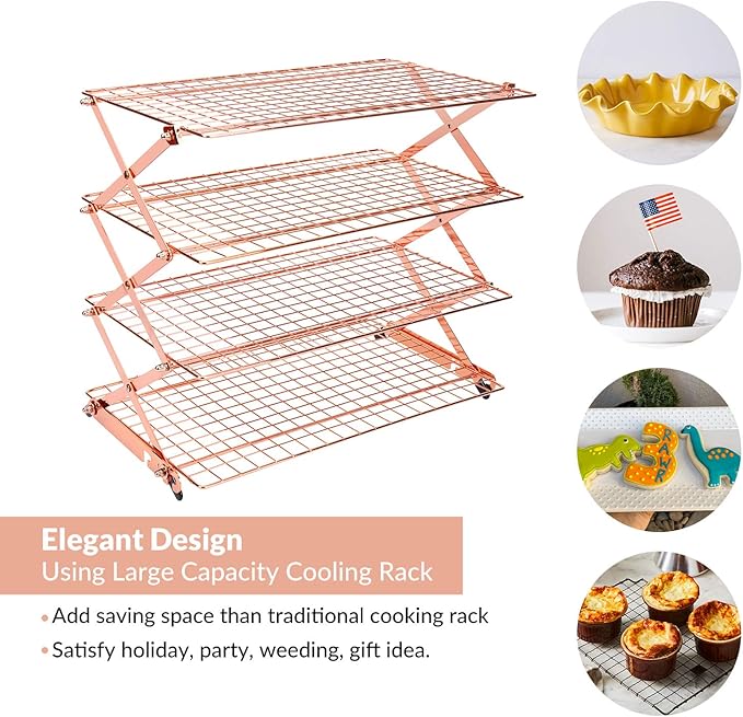 Geesta 2/3/4-Tier Collapsible Cooling Rack with Adjustable 3 Setting Design Stackable Cooling Roasting Cooking for Cookies Baking - Copper Cooking Utensils