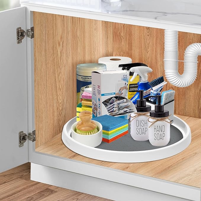 Set of 2, 12 Inch Non-Skid Lazy Susan Organizer, Pantry Lazy Susan Turntable for Cabinet, Kitchen Cabinet Organizer, Pantry Organization and Storage -White/Gray