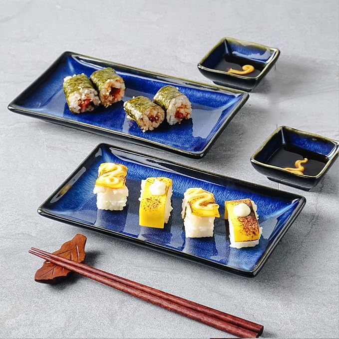 Ceramic Sushi Serving Tray Sets 2, 6 Pieces Japanese Style Porcelain Sushi Plate Set with Soy Sauce Dishes, Bamboo Chopsticks Housewarming Gift, Blue