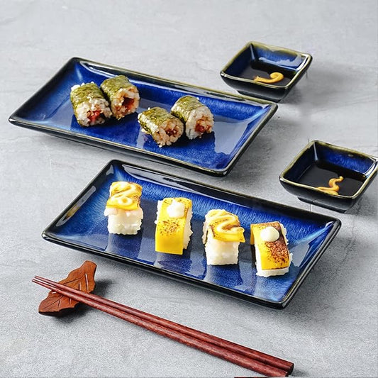 Ceramic Sushi Serving Tray Sets 2, 6 Pieces Japanese Style Porcelain Sushi Plate Set with Soy Sauce Dishes, Bamboo Chopsticks Housewarming Gift, Blue