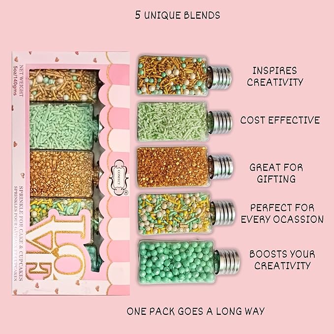 Confect Edible Sprinkles Mix Pack of 5 – Cool Summer Breeze Theme – Yellow Pearl Dragees, Mint Green & Gold Jimmies, Sparkling Gold Sugar – Cake & Cupcake Decorating Toppings - Vegan, Gluten-Free, Nut-Free, Soy-Free, Dairy-Free, Palm Oil-Free- 5 Oz
