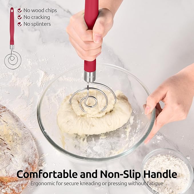 U-Taste 12.6in Danish Dough Whisk: 18/8 Stainless Steel Heavy-Duty Sourdough Mixer Tool, Food Grade Dutch Style Seamless Bread Wisk, Sturdy for Mixing, Stirring, Pressing, Kneading Thick Batter (Red)