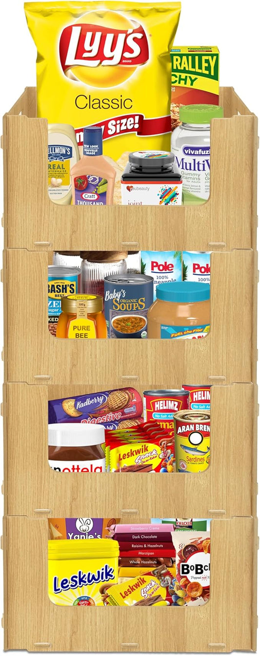 Skywin TidyFriend Stackable Storage Bins for Pantry, 4 Pack Stackable Bins For Organizing Food, Kitchen, and Bathroom Essentials (Wood)