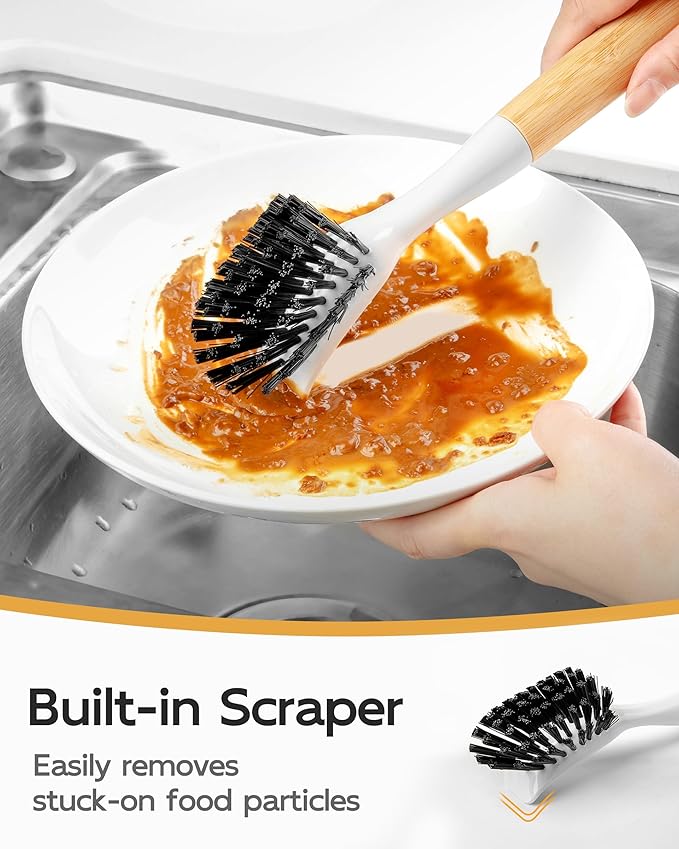 MR.SIGA Dish Brush with Handle, Dish Scrub Brush, Bamboo Dish Brush, Safe on Nonstick Pots, Pans, 2 Pack