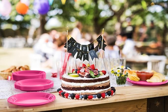 Exquisite Party Solids Hot Pink Plastic Plates For Party 9" Hot Pink Disposable Plates Heavy Duty Supplies 100 Pcs Plastic Dinnerware Sets Heavy Duty 350 GSM Disposable Dinnerware Set
