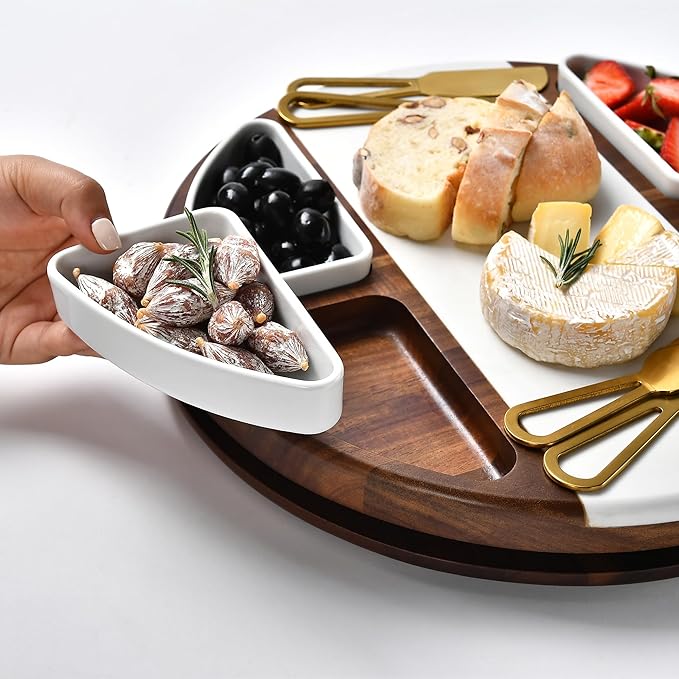 Shanik Upgraded Lazy Susan Cheese Cutting Board Set - Round Acacia Charcuterie Board With 4 Ceramic Bowls - Wedding Gifts - Cheese Serving Platter - Bridal Shower