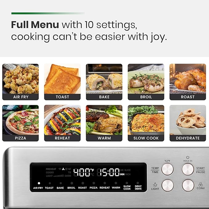 Infrared Heating Air Fryer Toaster Oven, Extra Large Countertop Convection Oven 10-in-1 Combo, 6-Slice Toast, Enamel Baking Pan Easy Clean with Recipe Book, Brushed Stainless Steel Finish