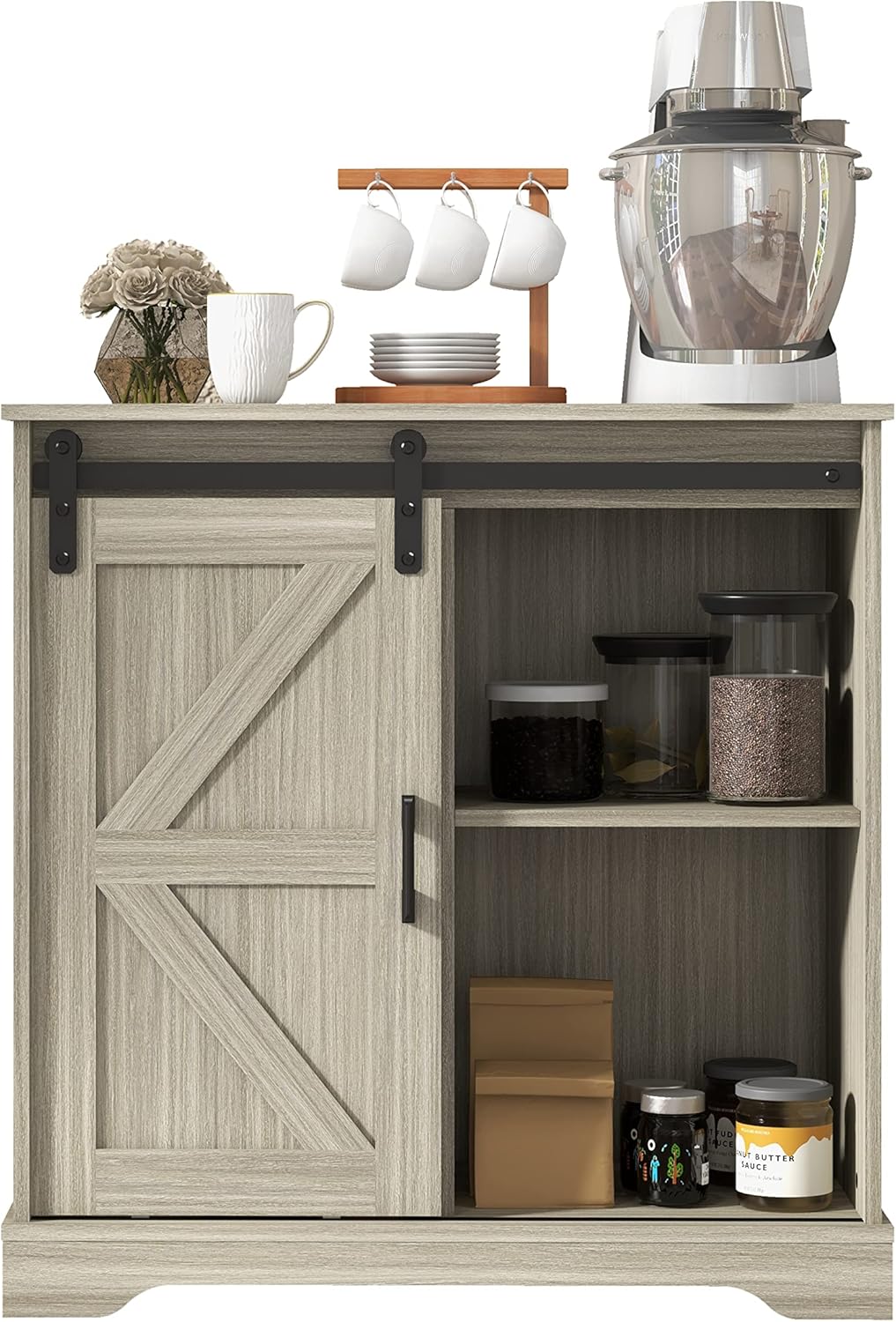 Panana Sliding Barn Door Buffet Sideboard Storage Cabinet Coffee Bar Kitchen Farmhouse Style (Oak)