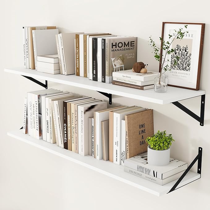 Heimlove White Deep Floating Shelves for Wall, 48W x 12D Wood Wall Shelves Set of 2, Wide Floating Bookshelf for Living Room, Kitchen, Office, Bedroom and Decor Storage, with Black Bracket - White