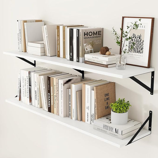 Heimlove White Deep Floating Shelves for Wall, 48W x 12D Wood Wall Shelves Set of 2, Wide Floating Bookshelf for Living Room, Kitchen, Office, Bedroom and Decor Storage, with Black Bracket - White