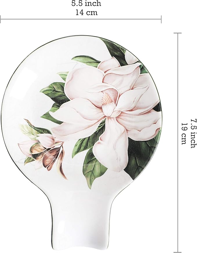 Bico Magnolia Floral Spoon Rest for Stove Top, Ceramic Spoon Holder for Kitchen Counter, Easy to Clean Coffee Spoon Rest Dishwasher Safe, Kitchen Cooking Utensil Rest for Ladles Spatula