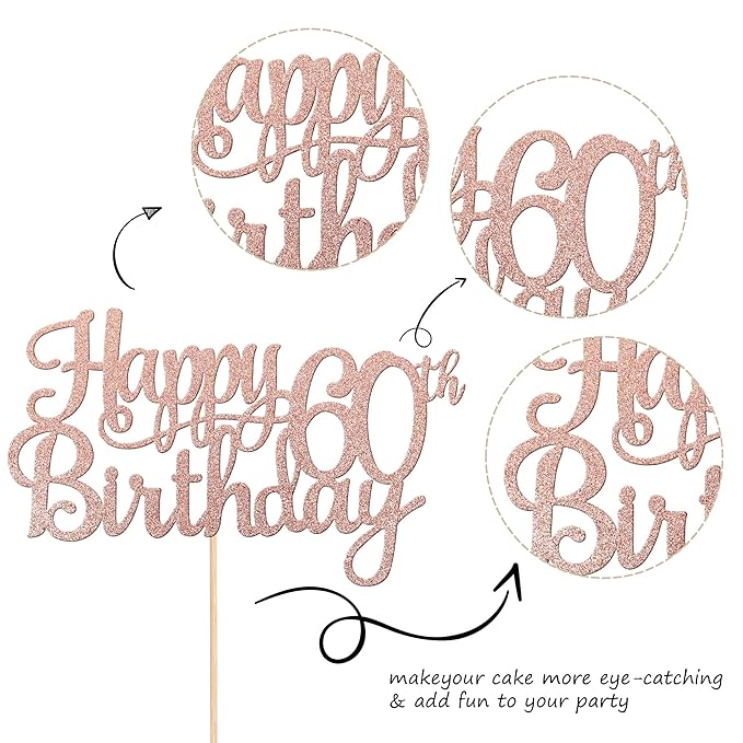 1 PCS Happy 60th Birthday Cake Topper Glitter Cheers to 60 Years Birthday Cake Pick 60 Fabulous Cake Decoration for Happy 60th Birthday Anniversary Party Decorations Supplies Rose Gold