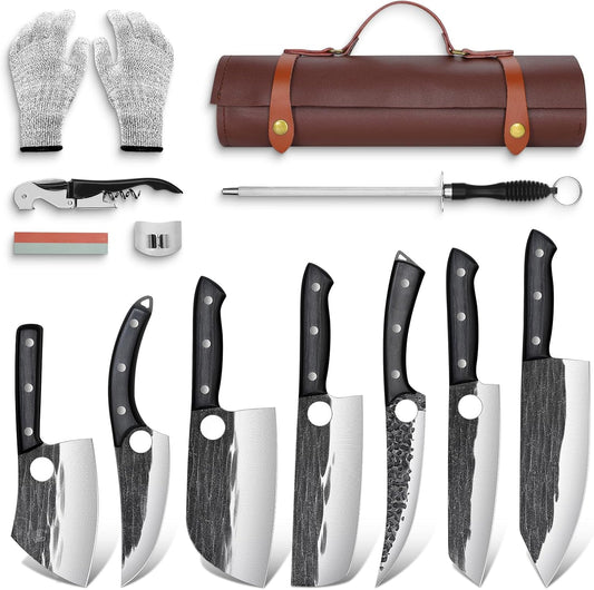 TIVOLI Butcher Knife Set for Meat Cutting, 13Pcs Upgraded High Carbon Steel Hand Forged Kitchen Knife Set with Roll Bag, Viking Chef Knife Set for Kitchen Outdoor BBQ