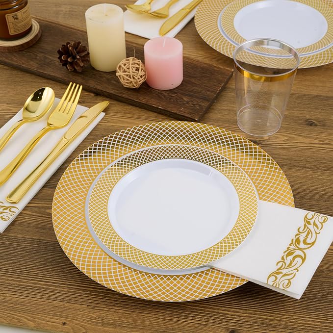 FOCUSLINE Gold Plastic Plates Set of 102, Disposable Plates with Gold Grid Rim 51 Dinner Plates 10" and 51 Salad Dessert Appetizer Plates 7", Elegant Fancy Heavy Duty Wedding Party Plates