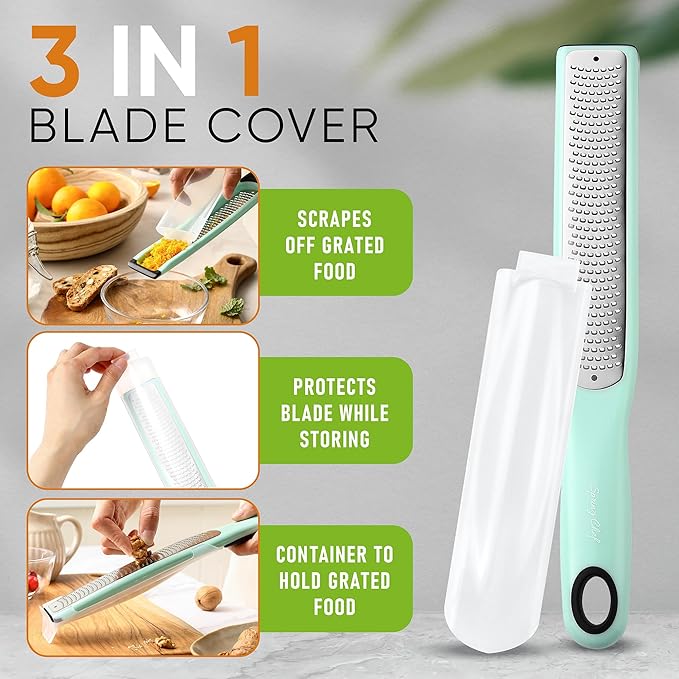 Spring Chef Premium Lemon Zester Grater with Handle - Fruit, Garlic, Lime, Orange, Nutmeg, Garlic Grater - Heavy Duty Kitchen Tool - Stainless Steel Citrus Zester with Blade Cover - Fine Shred, Mint