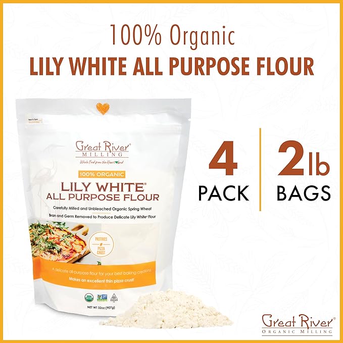 Great River Organic Milling Lily White Organic All-Purpose Flour | Unbleached & Unbromated | Non-GMO, Kosher | Ideal for Bread, Cookies, Cakes, Pizza Dough & Everyday Baking | 2 Lb (Pack of 4)
