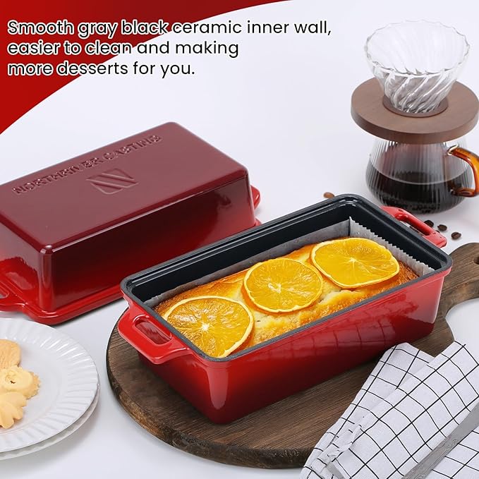 9x5 Inch Enameled Cast Iron Loaf Pan with Lid, Perfect Bread Baking Pan | Even Heat Distribution for Homemade Bread, Cake, Meatloaf，2 Piece set，Red