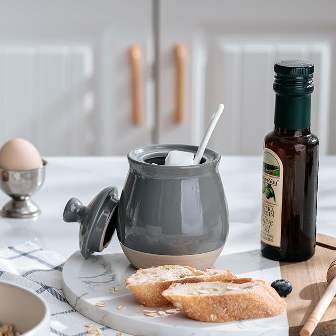 famiware Milkyway Sugar Bowl with Lid and Spoon, 10oz Ceramic Sugar Jar/Pot/Dispenser for Salt, Condiments, Spice, Seasonings, Sugar Container for Coffee Bar, Home, Kitchen, and Countertop, Dark Gray
