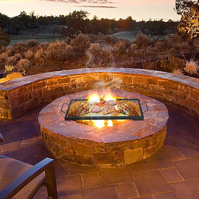 onlyfire Barbecue Rectangle X-Marks Fire Pit Cooking Grate, Heavy Duty Steel Campfire BBQ Grill Grid with Handle Grill Grate for Outdoor, 32-Inch