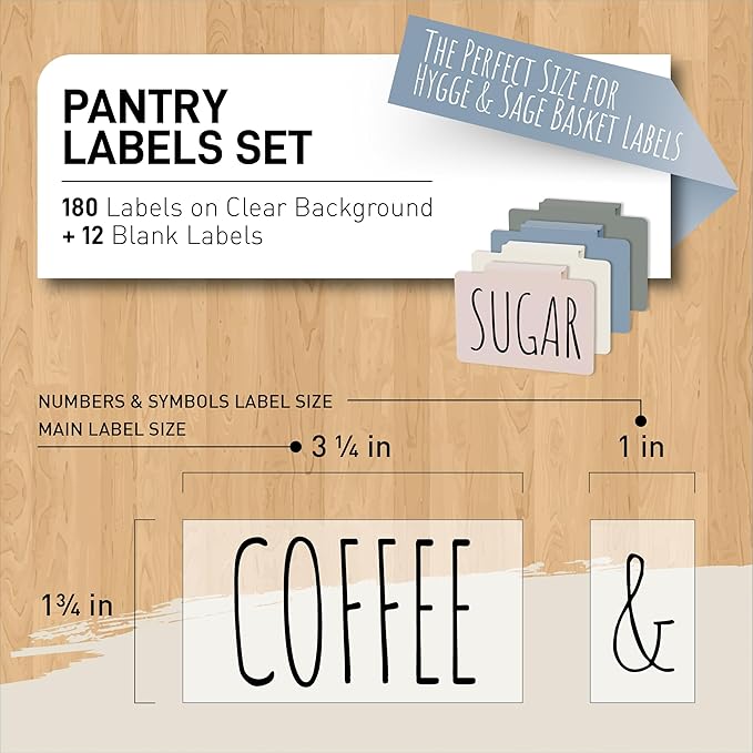 Hygge & Sage Pantry Labels for Containers Preprinted - 192 Waterproof Labels, Durable, Removable Kitchen Stickers, Clear With Black Print, Perfect for Use On Basket Labels, in Pantry, and Refrigerator