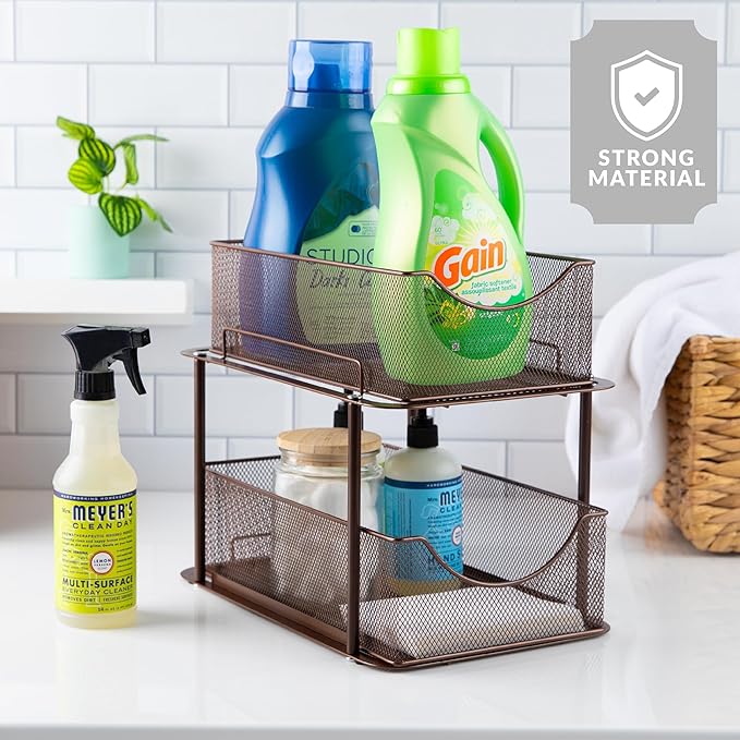 Sorbus 2 Tier Metal Under Sink Organizer for Bathroom, Kitchen, Strong Steel Mesh Sliding Drawers for Under Sink, Under Cabinet, Closet, Kitchen, Pantry, Bathroom Organizers and Storage (Brown)