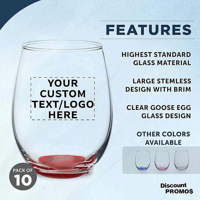 Custom Stemless Wine Glasses in Bulk by ARC Perfection, 15 oz, 10 pack, Personalized Text, Logo, Red or White Wine Glass Set, Red