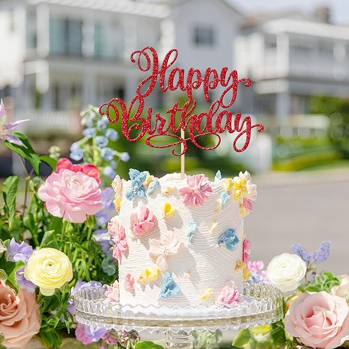 1 PCS Happy Birthday Cake Topper Glitter Happy Birthday Cake Pick Bunting Decor for Anniversary Celebrating Happy Birthday Party Cake Decorations Supplies Red