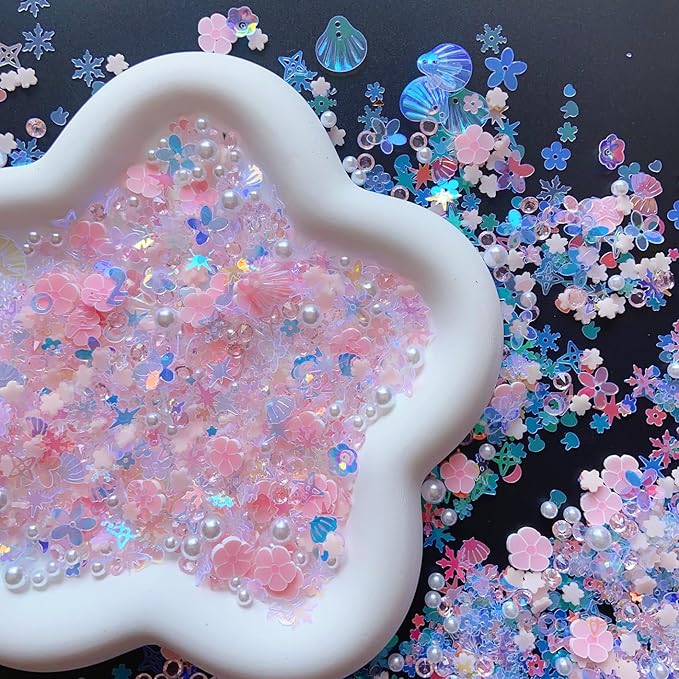 Sequins Holographic Polymer Clay Slices Nail Glitter 3D Holographic Snowflake Shell Butterfly Plum Blossom Nail Sequins Slices Polymer Clay Nail Decals for DIY Nail Decoration (Pink-54)