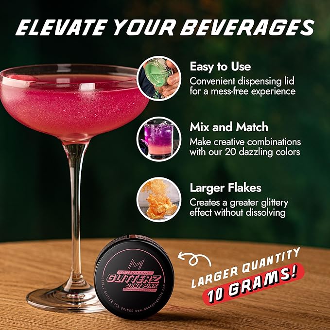 MONÉGASQUE Baby Pink Edible Glitter for Drinks 10g – Pink Edible Glitter for Cakes & Cocktails – Halloween Drink Shimmer Powder – Cocktail Sparkles for Drinks – Food & Cake Decorations Spray Sprinkles