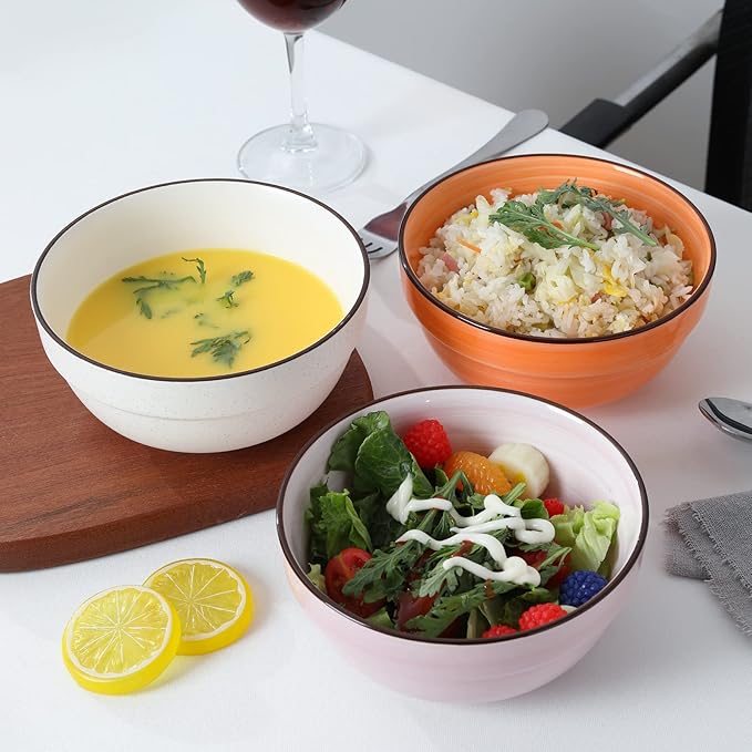 HAPPY KIT Ceramic Serving Bowls, 6 Inch Colorful Bowls for Kitchen, 24 Ounce Soup Bowls Set of 6, Dishwasher & Microwave Safe, Porcelain Bowls for Cereal Soup Rice Pasta Salad Oatmeal Soup