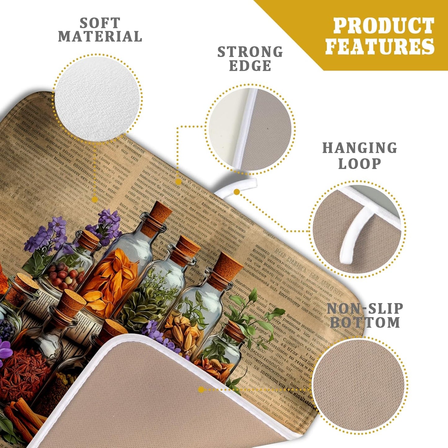 Vintage Kitchen Dish Drying Mat - Spice Bottle Decorative Dish Sink Rack Pad 16 X 18 Inch