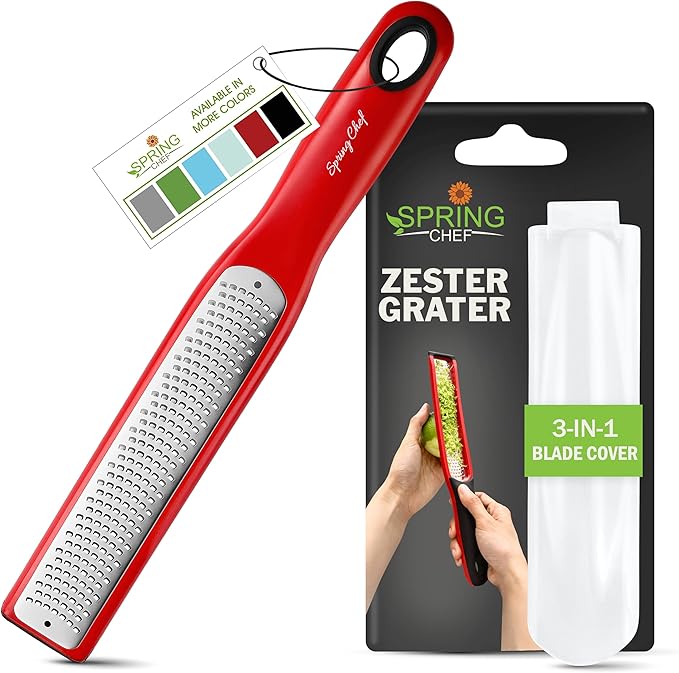Spring Chef Premium Red Lemon Zester Grater with Handle - Fruit, Garlic, Citrus, Nutmeg, Orange Zester Tool - Heavy Duty Kitchen Shredder - Stainless Steel Ginger Grater with Blade Cover - Fine Shred