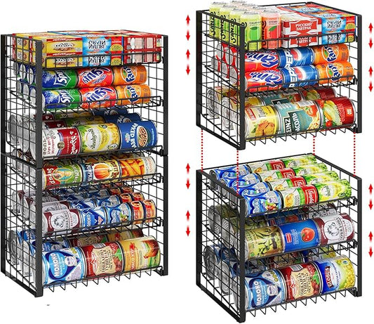 3 Tier Stackable Can Rack Organizer for Pantry, Adjustable Can Holder for Various Ounce of Canned Food Soup Goods Soda Drink, Rolling Tiered Can Dispenser for Kitchen Cupboard Cabinet, 2 Pack