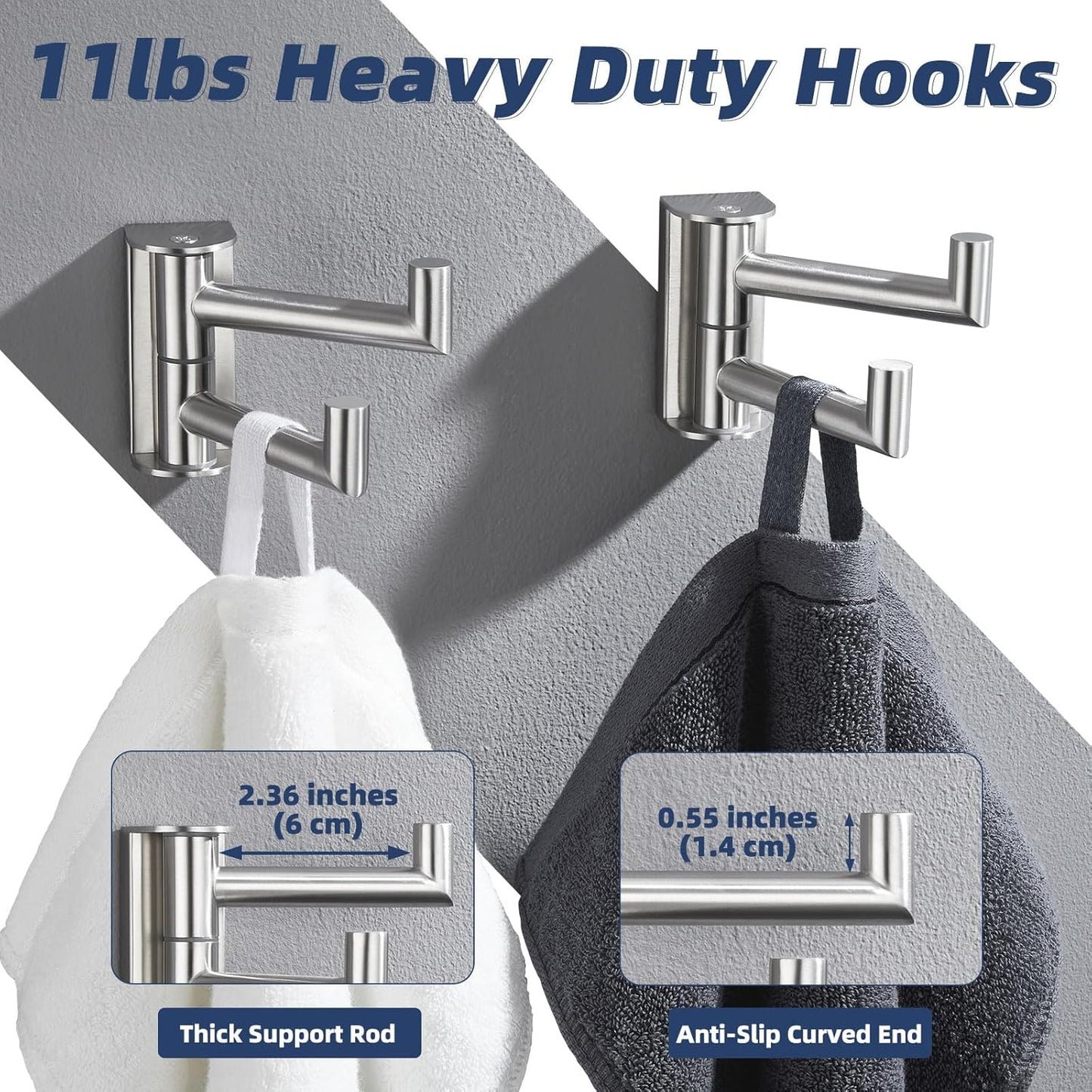 APLusee 2 Pack Swivel Coat Hooks Brushed Nickel, 304 Stainless Steel Foldable Bathroom Towel Hooks with 2 Rotating Arms, Wall Mounted