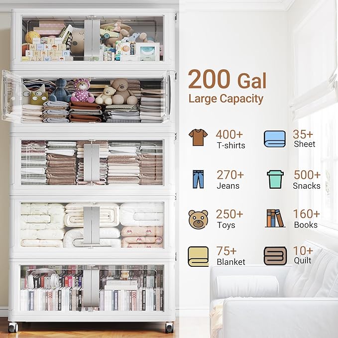 800QT Stackable Storage Bins with Lids, 200Gal Extra Large Collapsible Storage Box with Wheel, Plastic Storages with Clear Door Open Front for Home Bedroom Garage, White-5pack(5 lids)