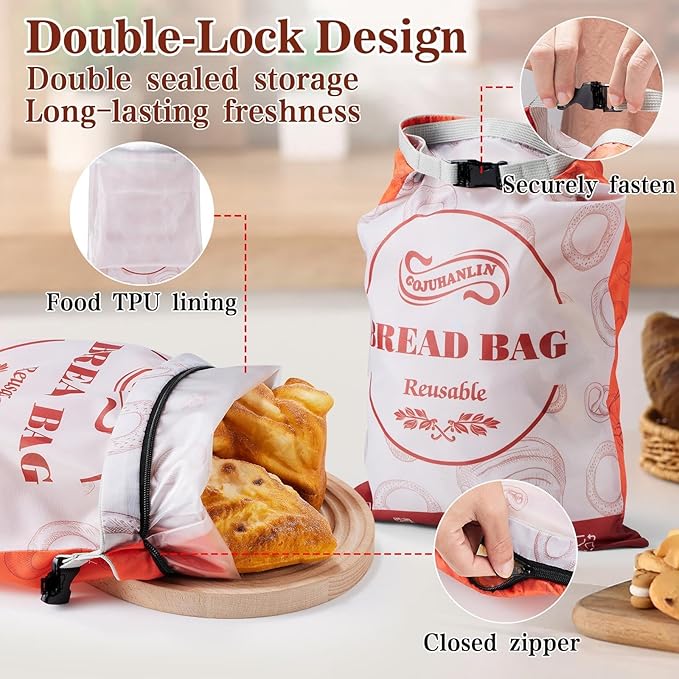 2 Pack Reusable Bread Bags for Homemade Loaves, 17 * 13 Inch Extra Large Storage Bag with Zipper, Bread Container for Freezer Food Storage