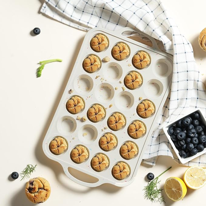 24 Cups Silicone Muffin Pan with Metal Reinforced Frame Mini Size Cupcake Pan Tray Egg Bites Silicone Circle Cookie Molds Muffin Tin Tart Pans Non Stick Toxic Oven Safe Baking Sheet Set