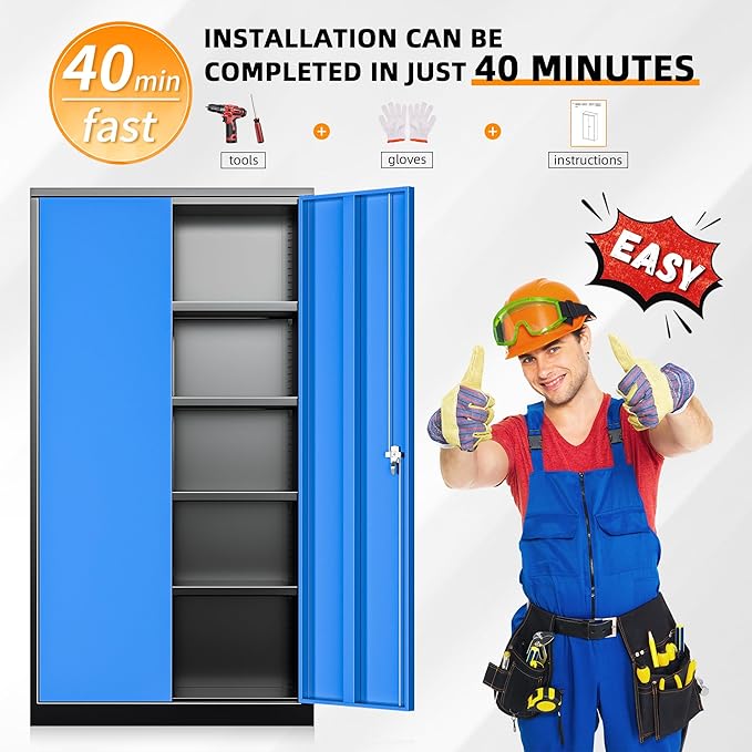 INTERGREAT Metal Storage Cabinets 72” Black Blue Garage Steel Storage Cabinet with Doors and Shelves, Steel File Cabinet for Home Office, Basement, Warehouse, Classroom（Anti Tipping）