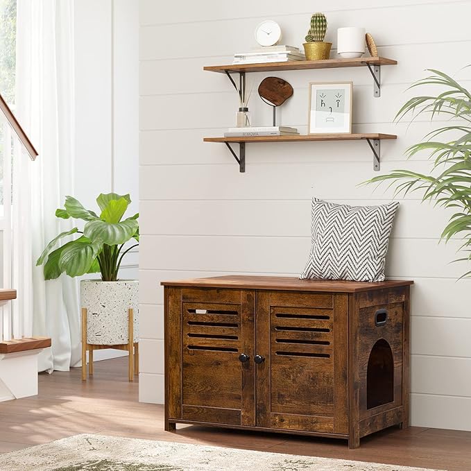 DINZI LVJ Long Wall Shelves, Set of 4, 31.5Inch Wall Mounted Shelves, Extra Large Wall Storage Ledges with Sturdy Metal Brackets for Living Room, Bathroom, Bedroom, Kitchen, Rustic Brown