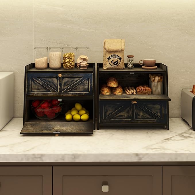 Vintage Double Layer Bread Box for Kitchen Counter Bamboo Bread Storage Container Large Capacity Bread Storage Bin (Antique Black)