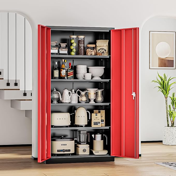 INTERGREAT Metal Storage Cabinets 72” Black Red Garage Steel Storage Cabinet with Doors and Shelves, Steel File Cabinet for Home Office, Basement, Warehouse, Classroom（Anti Tipping）