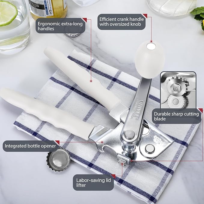 Commercial Can Opener, UHIYEE Hand Crank Can Opener Manual Heavy Duty with Comfortable Extra-long Handles, Oversized Knob, Large Handheld Can Open Easy for Big Cans, White