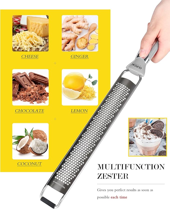 Ourokhome Kitchen Lemon Zester, Stainless Steel Hand Held Parmesan Cheese Grater for Ginger, Chocolate, Coconut, Lime, Nutmeg, Citrus, Fruit, Vegetable with Cleaning Brush, Dishwasher safe, Gray
